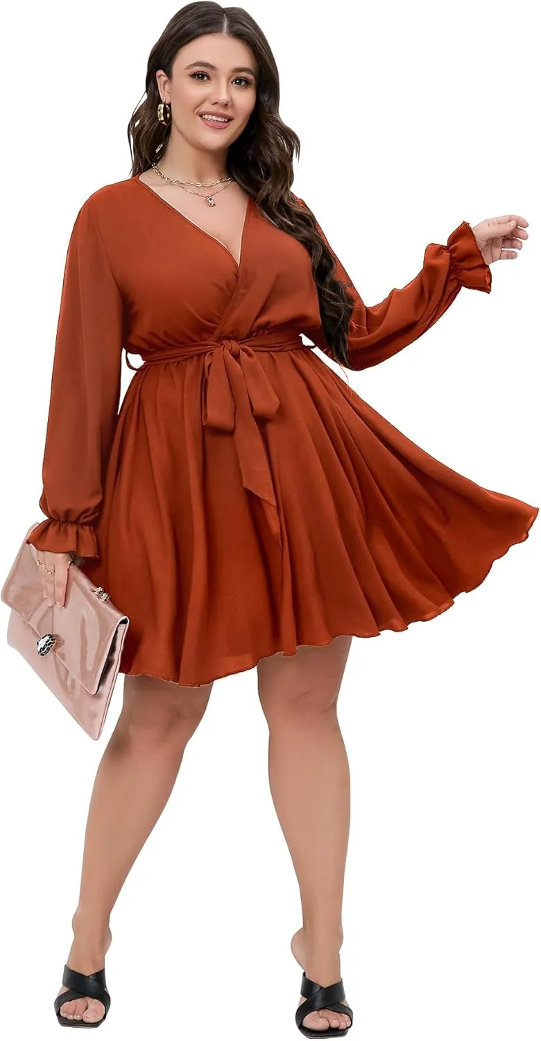 SCOMCHIC Women's Plus Size Long Sleeve Wrap V Neck Tie Waist A Line Mini Dress