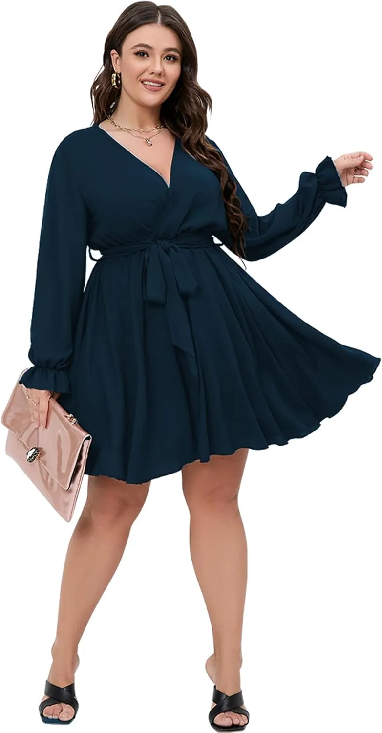 SCOMCHIC Women's Plus Size Long Sleeve Wrap V Neck Tie Waist A Line Mini Dress