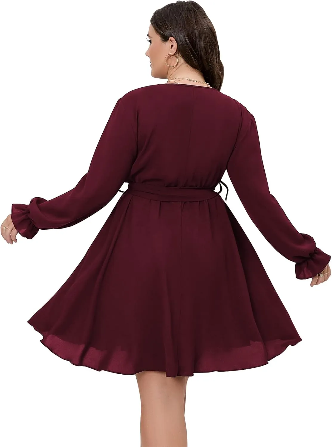 SCOMCHIC Women's Plus Size Long Sleeve Wrap V Neck Tie Waist A Line Mini Dress