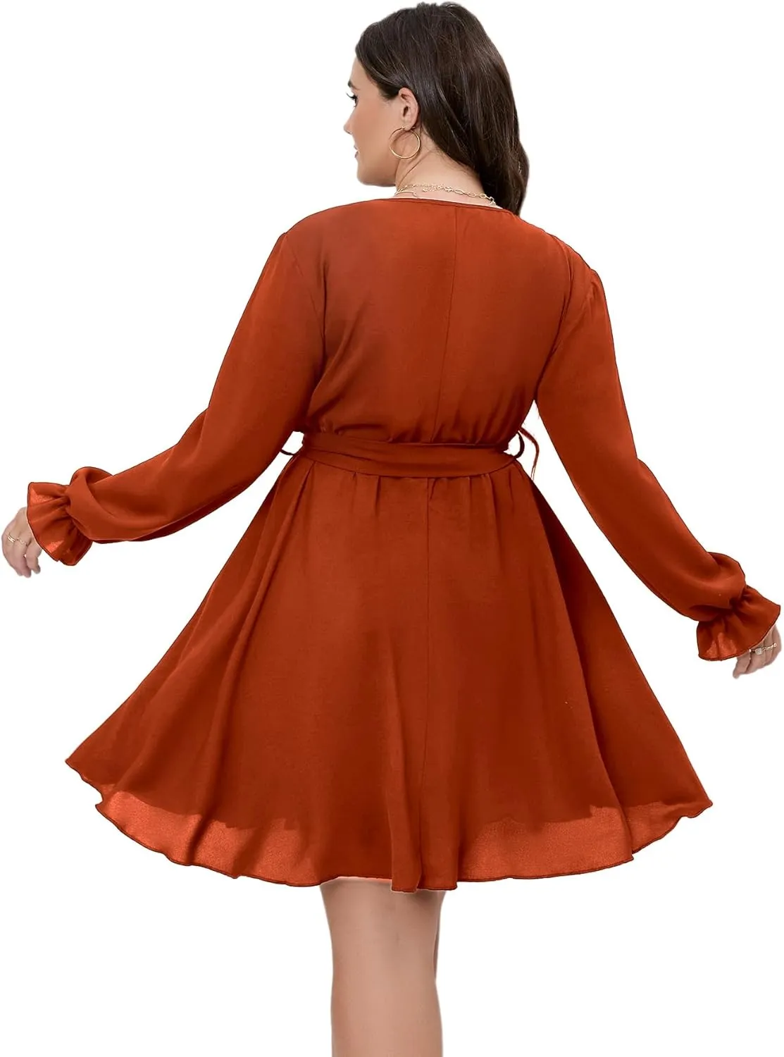 SCOMCHIC Women's Plus Size Long Sleeve Wrap V Neck Tie Waist A Line Mini Dress