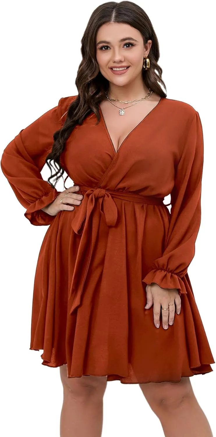 SCOMCHIC Women's Plus Size Long Sleeve Wrap V Neck Tie Waist A Line Mini Dress