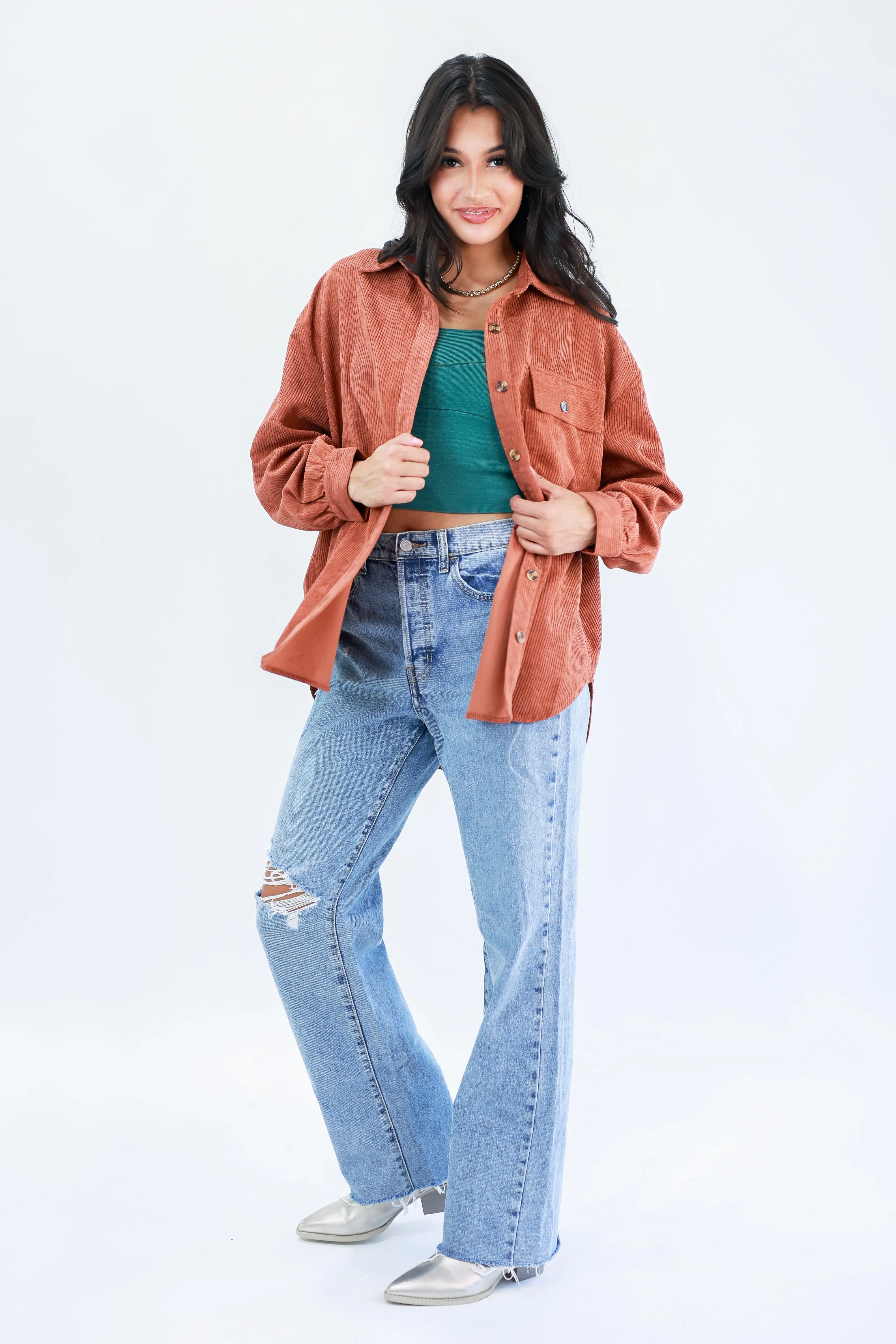 Seasonal Comfort Corduroy Shacket In Chestnut