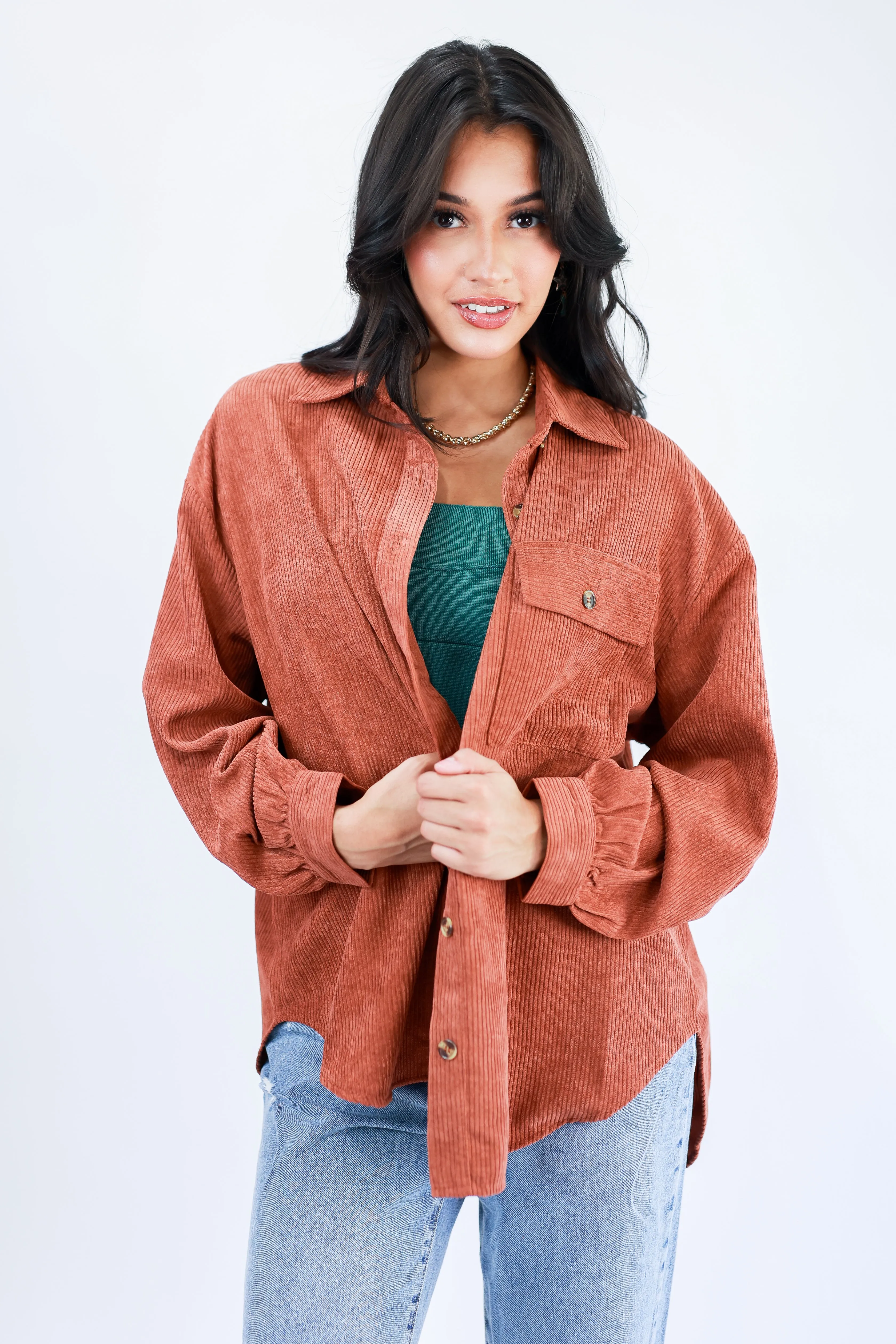 Seasonal Comfort Corduroy Shacket In Chestnut
