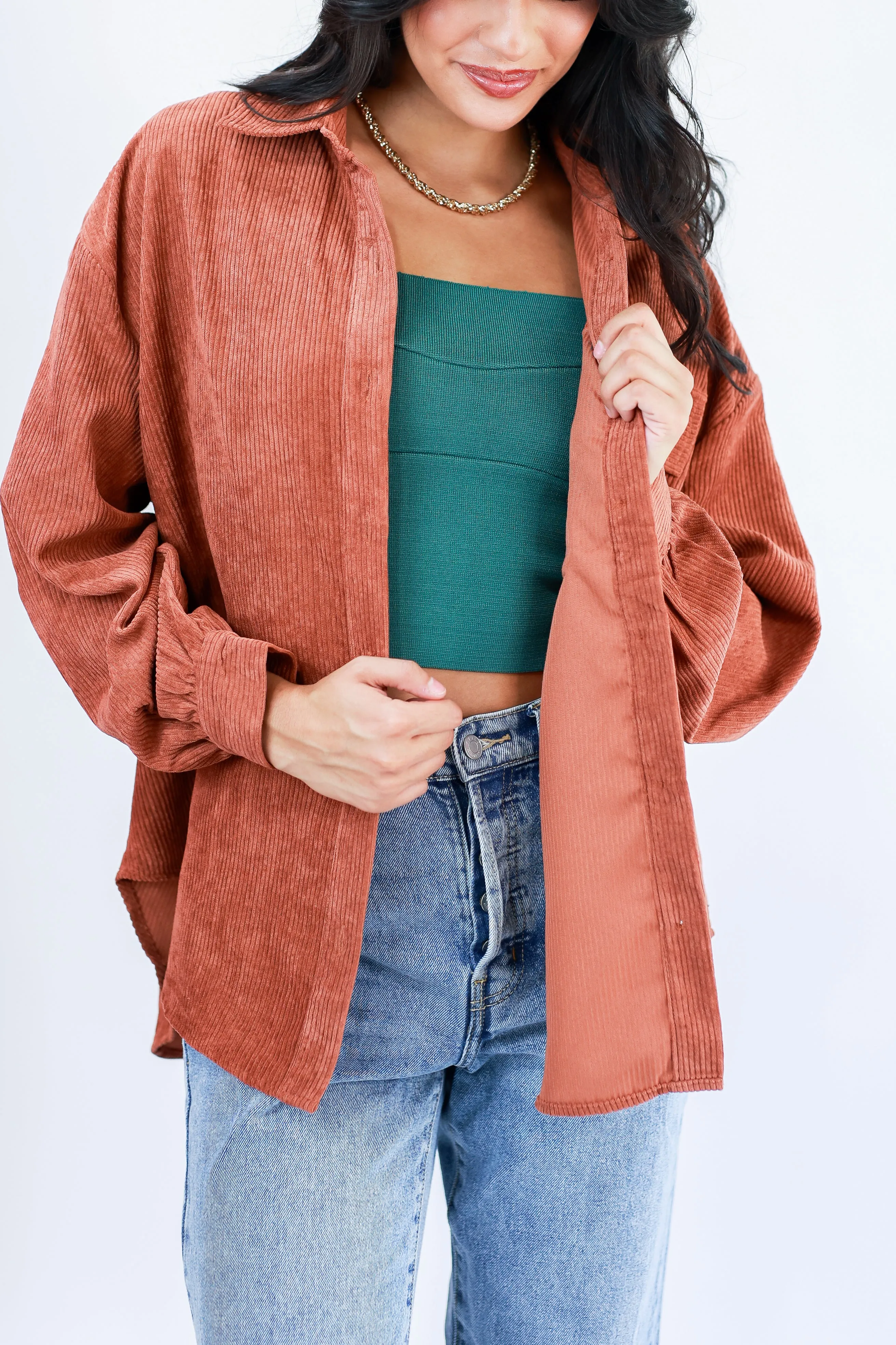 Seasonal Comfort Corduroy Shacket In Chestnut