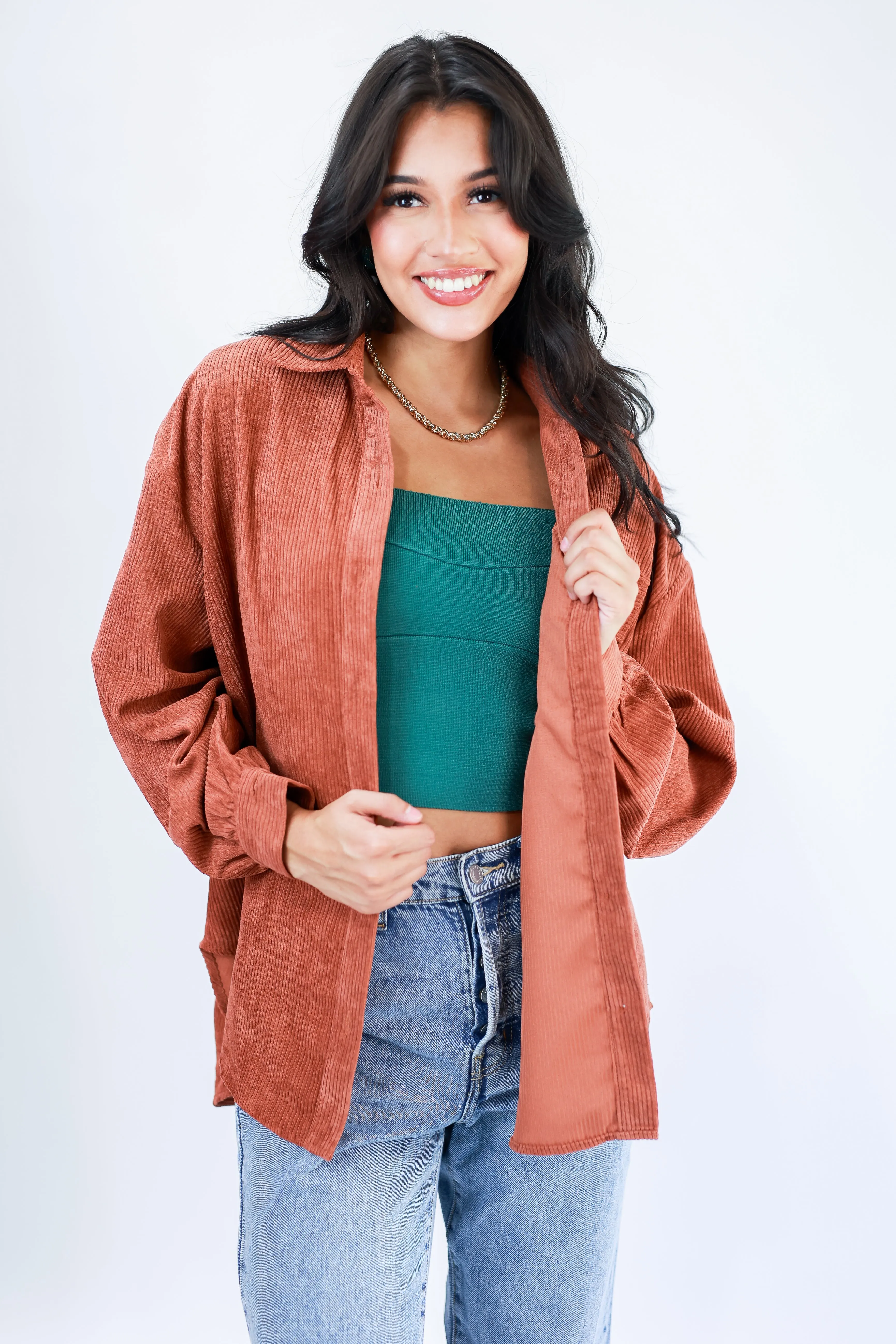 Seasonal Comfort Corduroy Shacket In Chestnut