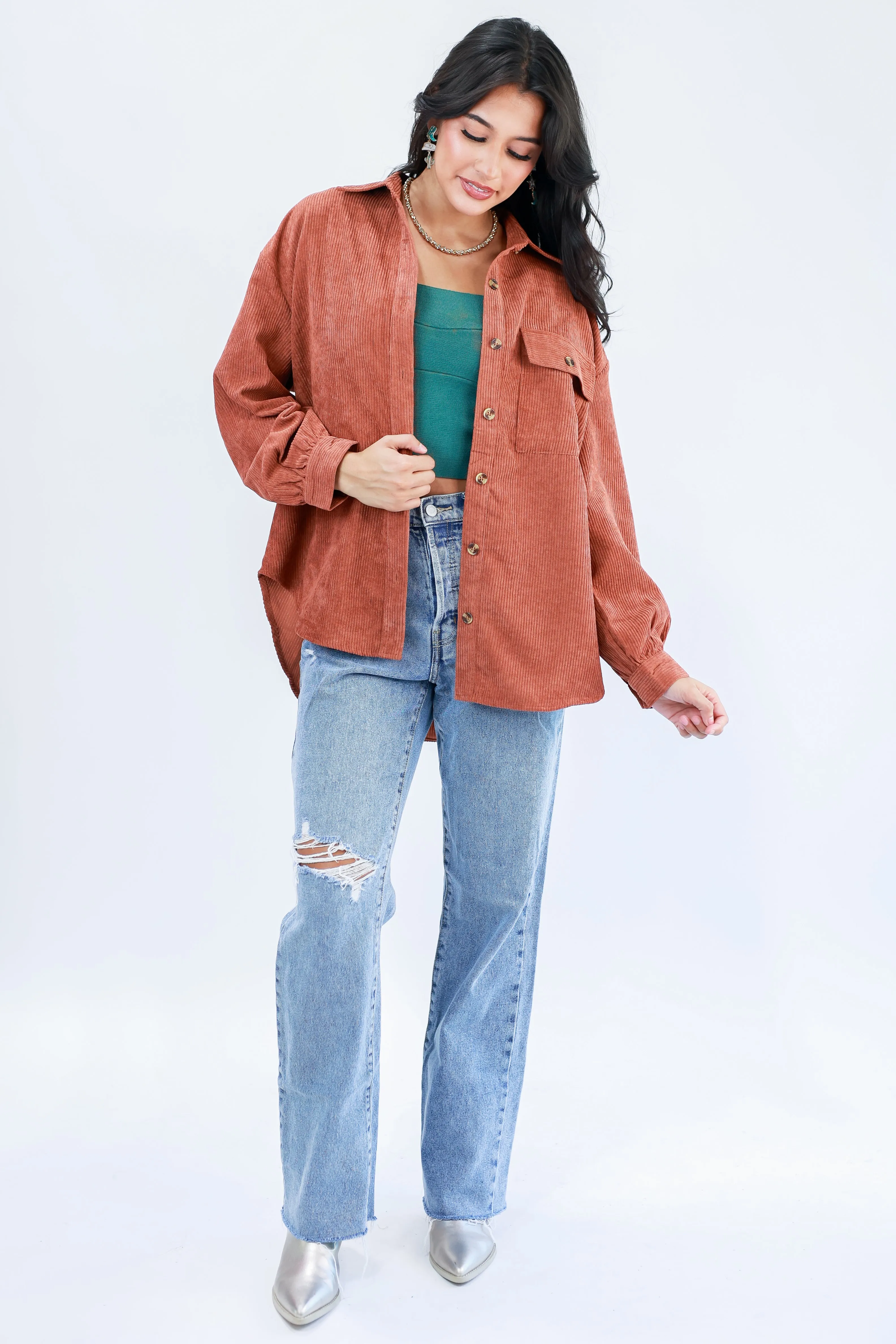 Seasonal Comfort Corduroy Shacket In Chestnut