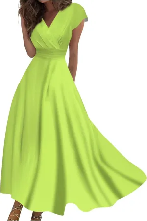 Segaven Sundresses for Women Cap Sleeve Floral Print Sundresses Elegant Wrap V Neck Long Dresses Flowy Trendy Maxi Dress