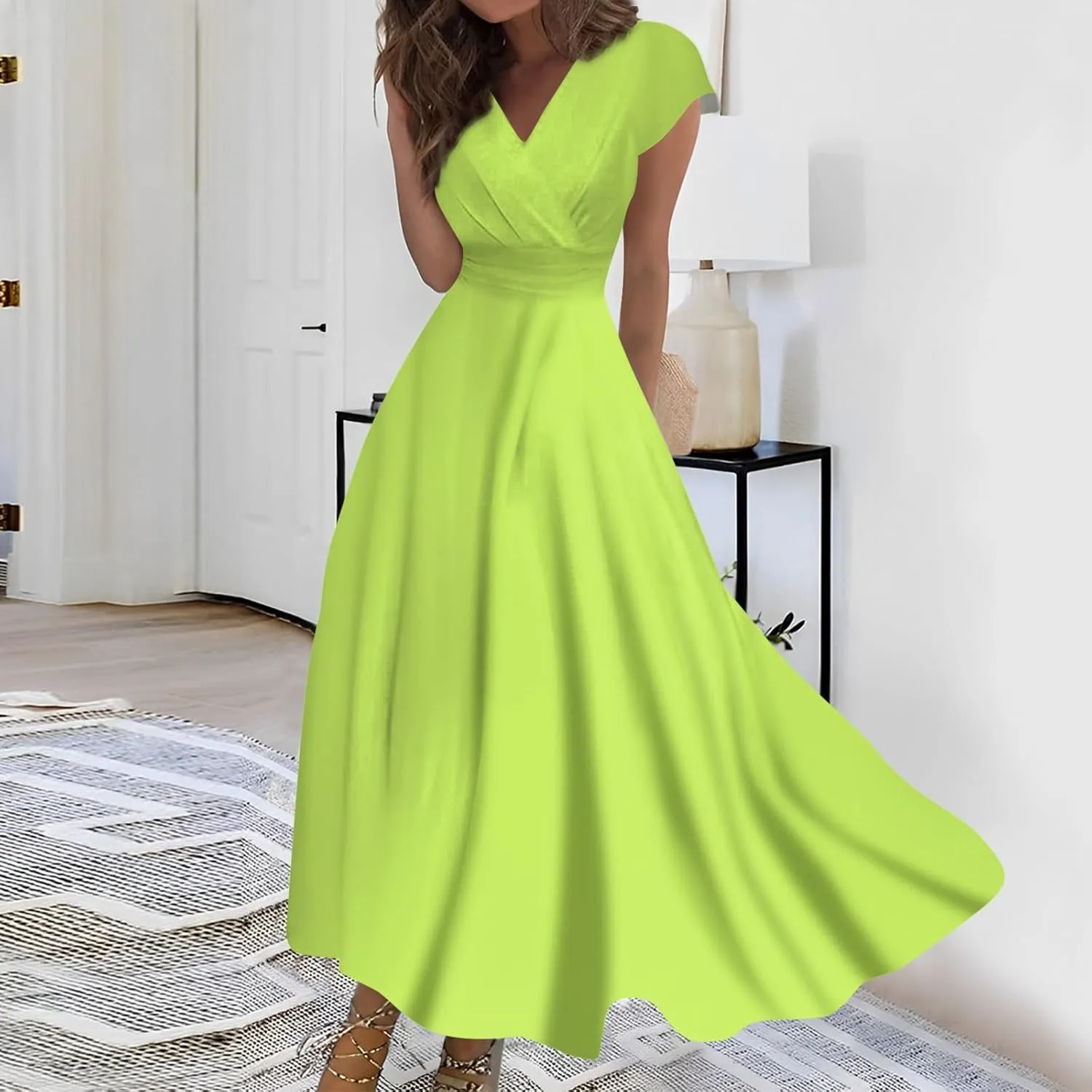 Segaven Sundresses for Women Cap Sleeve Floral Print Sundresses Elegant Wrap V Neck Long Dresses Flowy Trendy Maxi Dress