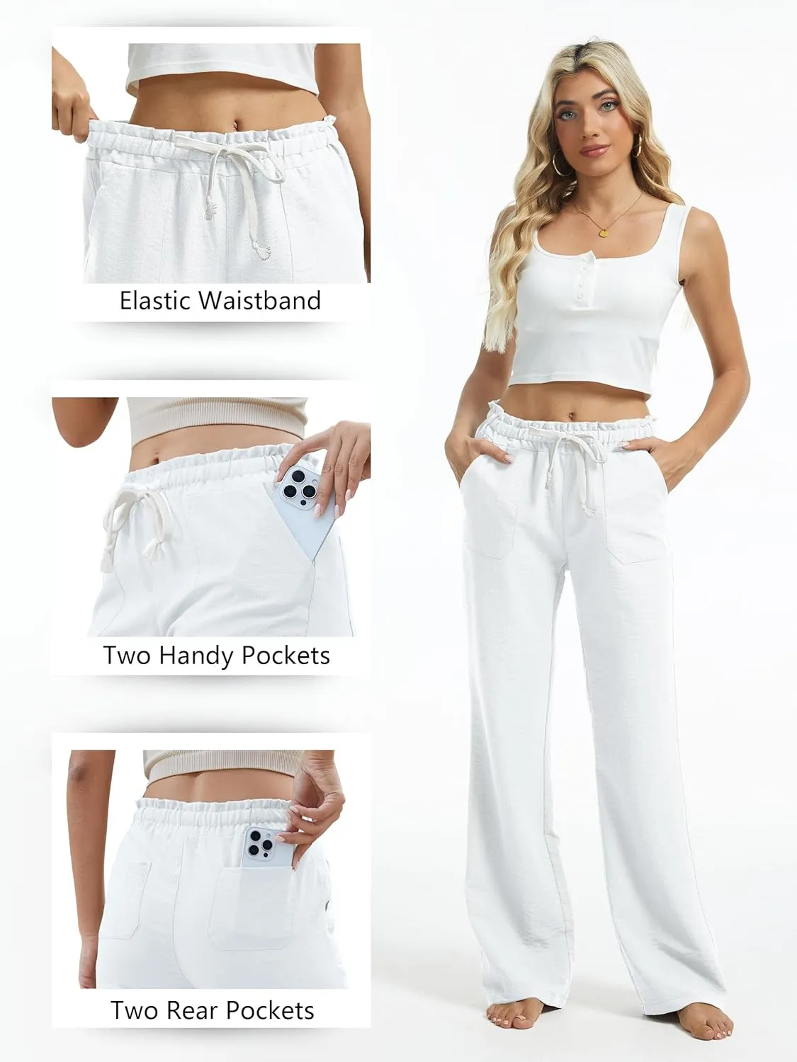 SEVEGO Tall Women Casual Linen Pants 30"/32"/34"/36" Inseam Drawstring Smocked Waist Beach Summer Trousers with Pockets
