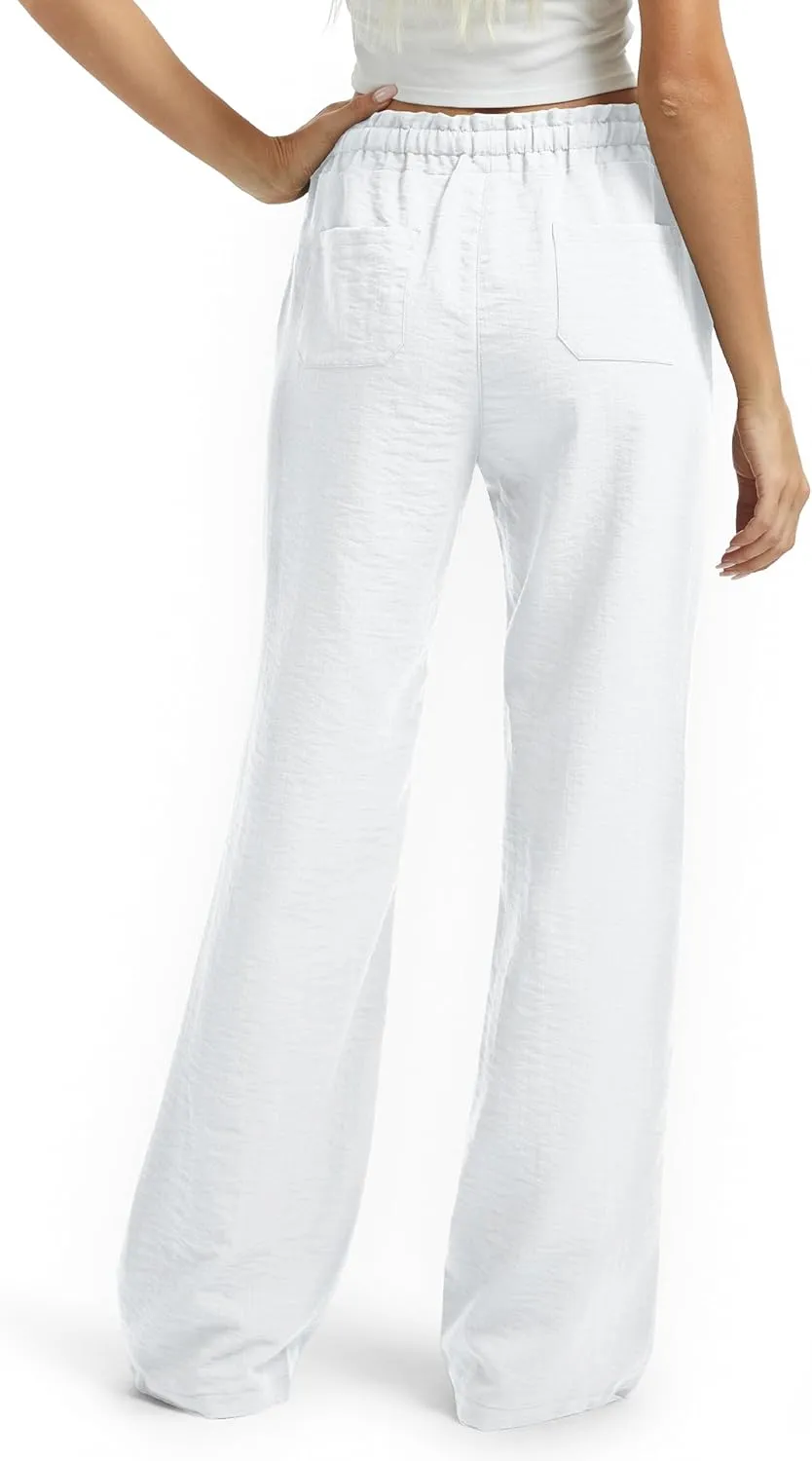 SEVEGO Tall Women Casual Linen Pants 30"/32"/34"/36" Inseam Drawstring Smocked Waist Beach Summer Trousers with Pockets