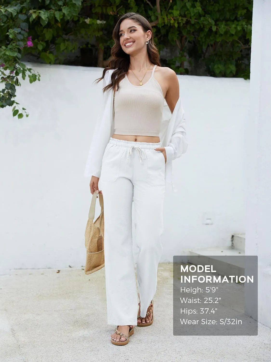 SEVEGO Tall Women Casual Linen Pants 30"/32"/34"/36" Inseam Drawstring Smocked Waist Beach Summer Trousers with Pockets