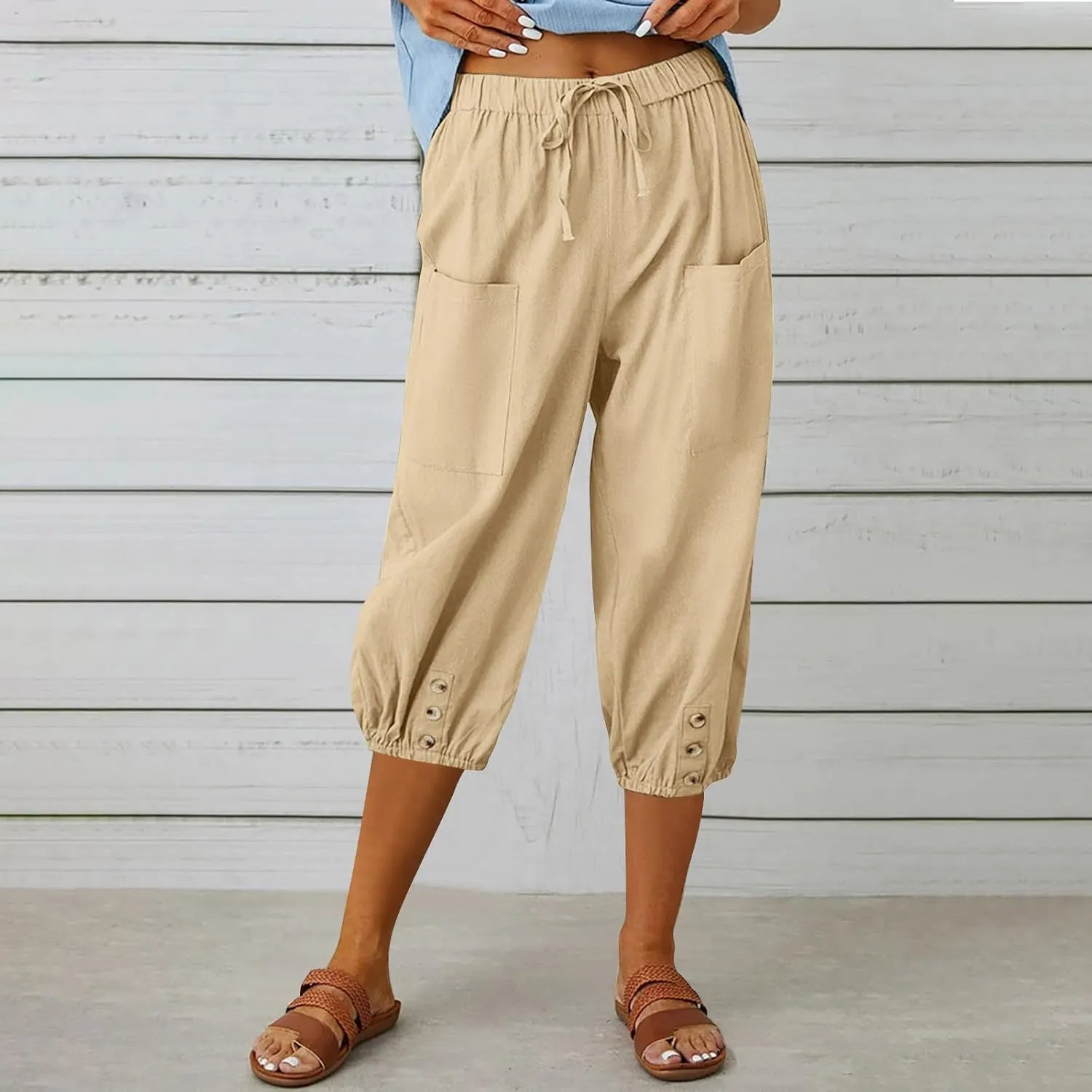 Seven Eighth Pants for Women High Waist Button Detail Wide Leg Trousers Lightweight Linen Blend Casual Office Wear