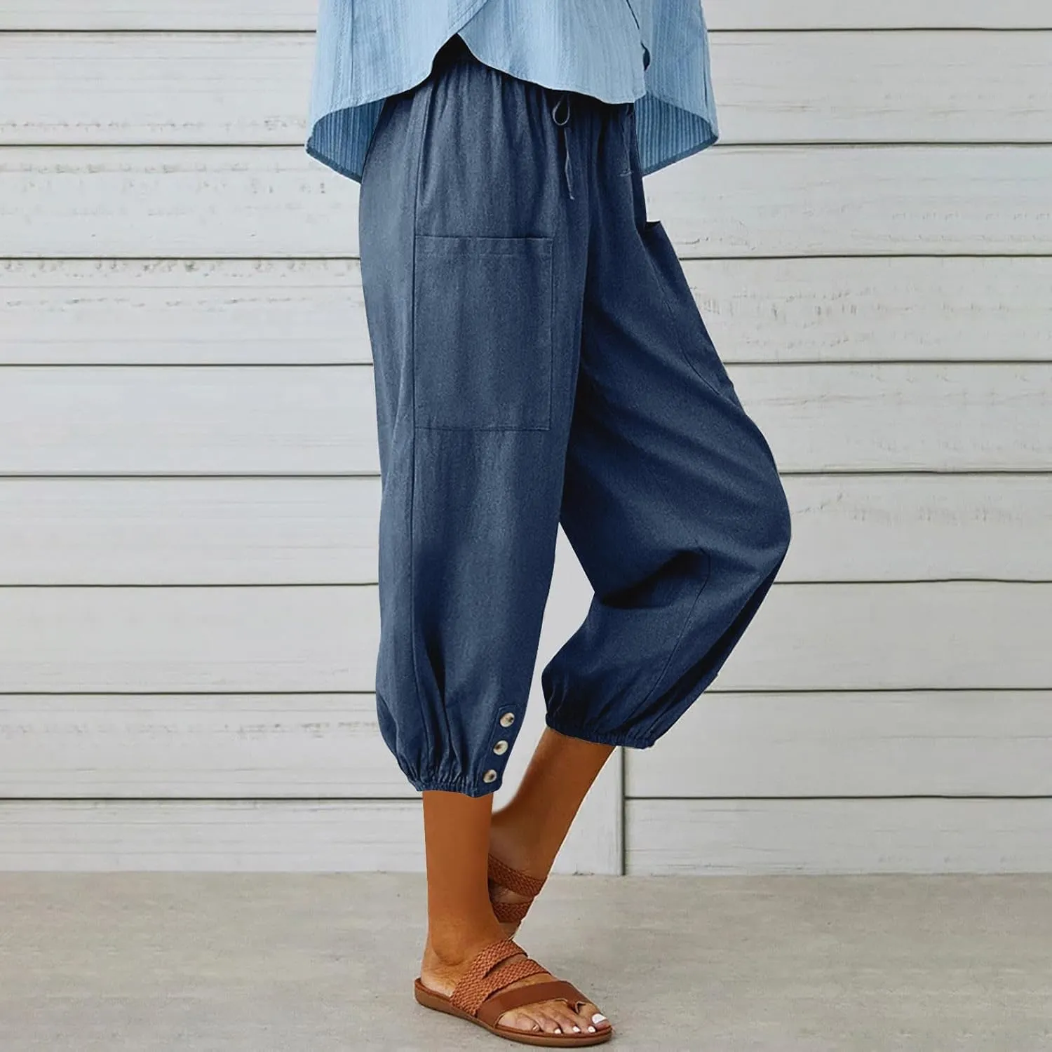 Seven Eighth Pants for Women High Waist Button Detail Wide Leg Trousers Lightweight Linen Blend Casual Office Wear