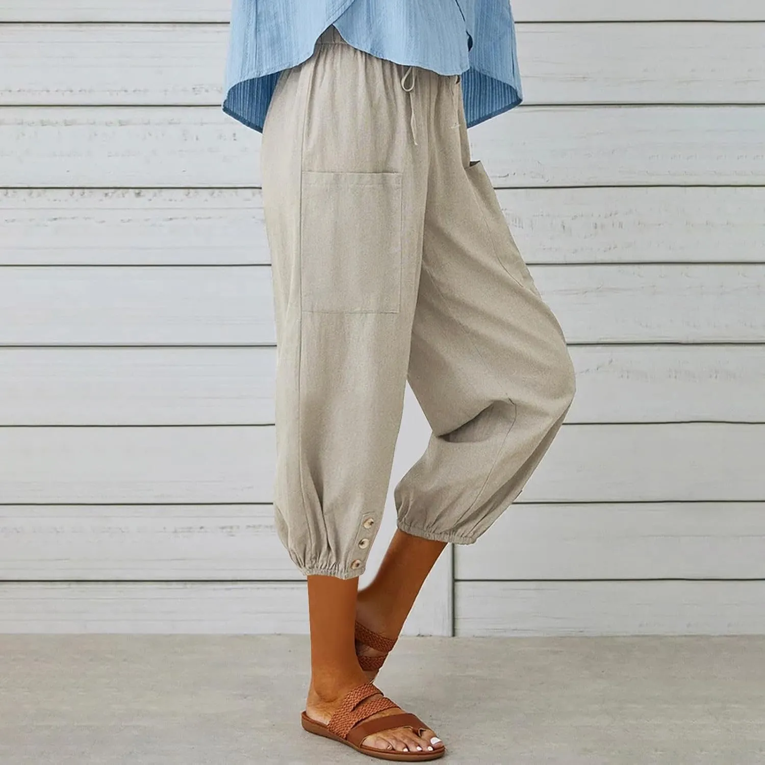 Seven Eighth Pants for Women High Waist Button Detail Wide Leg Trousers Lightweight Linen Blend Casual Office Wear