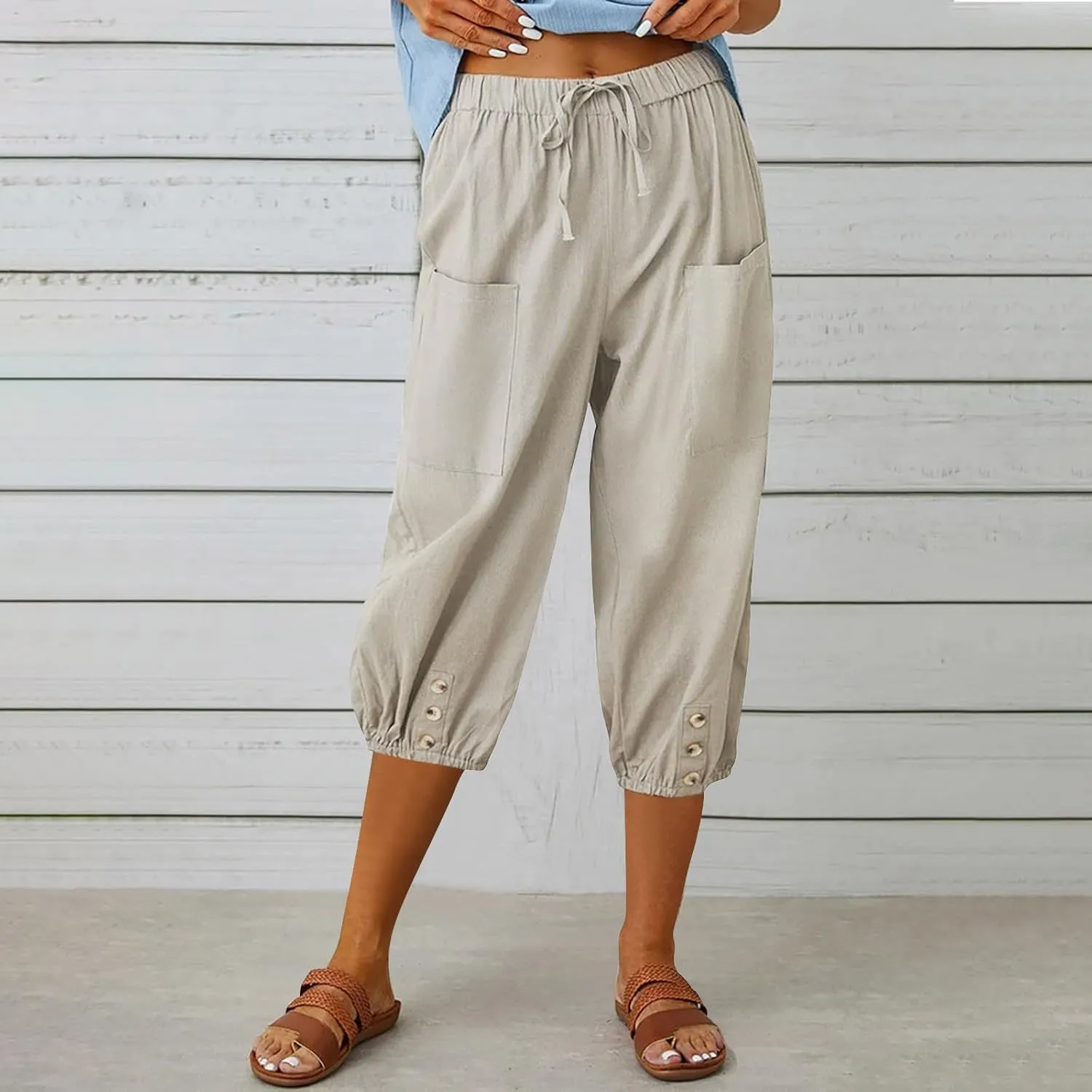 Seven Eighth Pants for Women High Waist Button Detail Wide Leg Trousers Lightweight Linen Blend Casual Office Wear