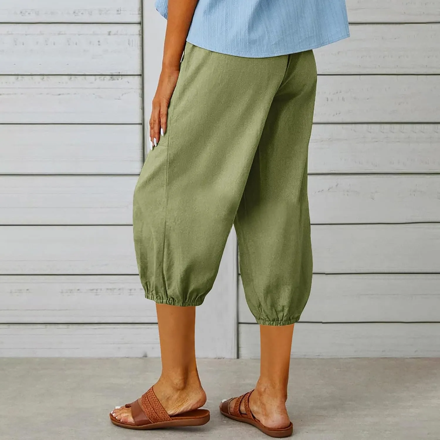 Seven Eighth Pants for Women High Waist Button Detail Wide Leg Trousers Lightweight Linen Blend Casual Office Wear