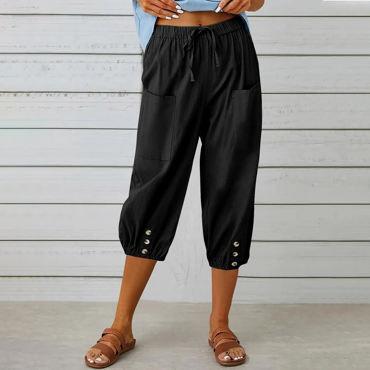 Seven Eighth Pants for Women High Waist Button Detail Wide Leg Trousers Lightweight Linen Blend Casual Office Wear
