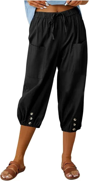 Seven Eighth Pants for Women High Waist Button Detail Wide Leg Trousers Lightweight Linen Blend Casual Office Wear