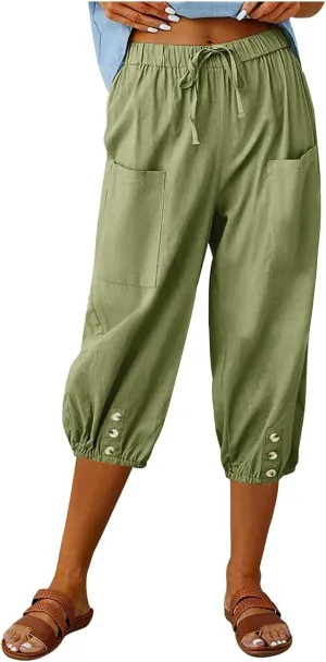 Seven Eighth Pants for Women High Waist Button Detail Wide Leg Trousers Lightweight Linen Blend Casual Office Wear