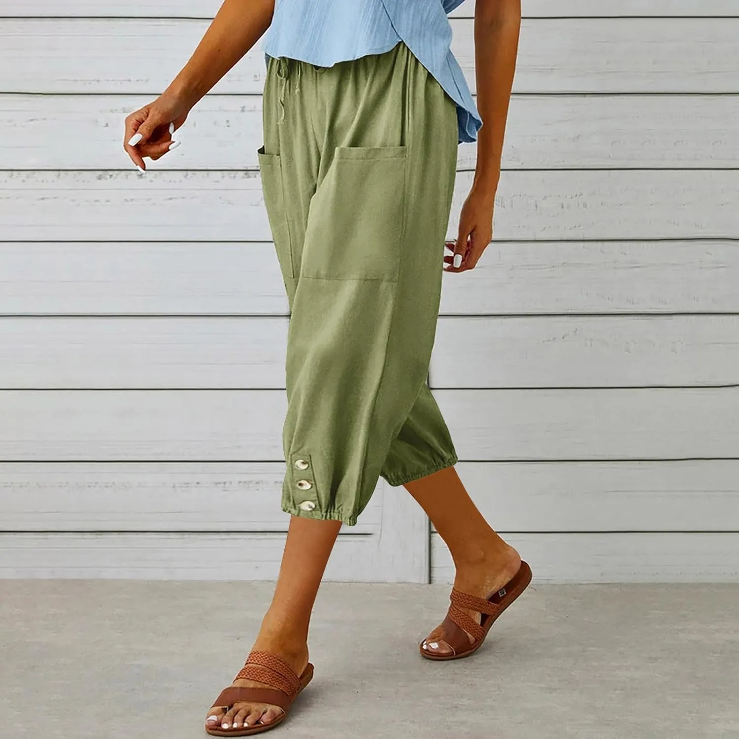 Seven Eighth Pants for Women High Waist Button Detail Wide Leg Trousers Lightweight Linen Blend Casual Office Wear