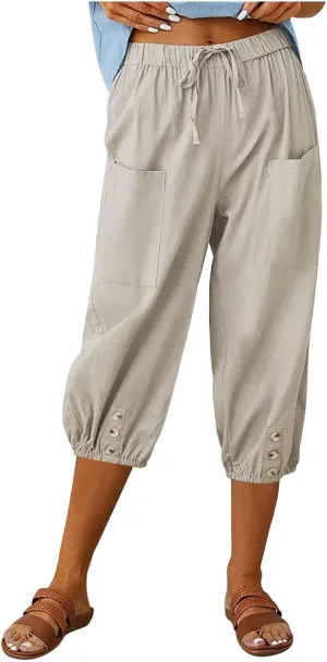 Seven Eighth Pants for Women High Waist Button Detail Wide Leg Trousers Lightweight Linen Blend Casual Office Wear