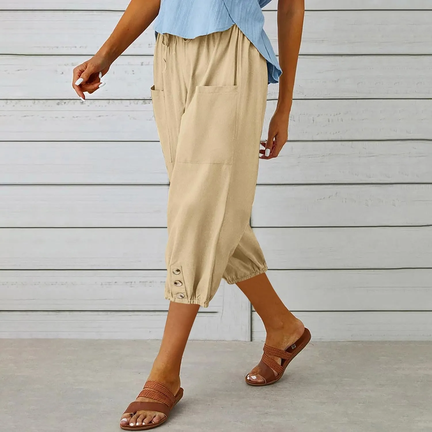 Seven Eighth Pants for Women High Waist Button Detail Wide Leg Trousers Lightweight Linen Blend Casual Office Wear