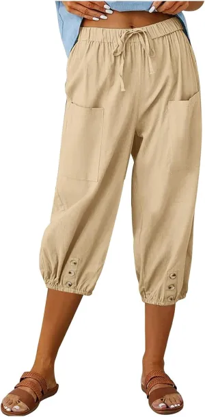 Seven Eighth Pants for Women High Waist Button Detail Wide Leg Trousers Lightweight Linen Blend Casual Office Wear