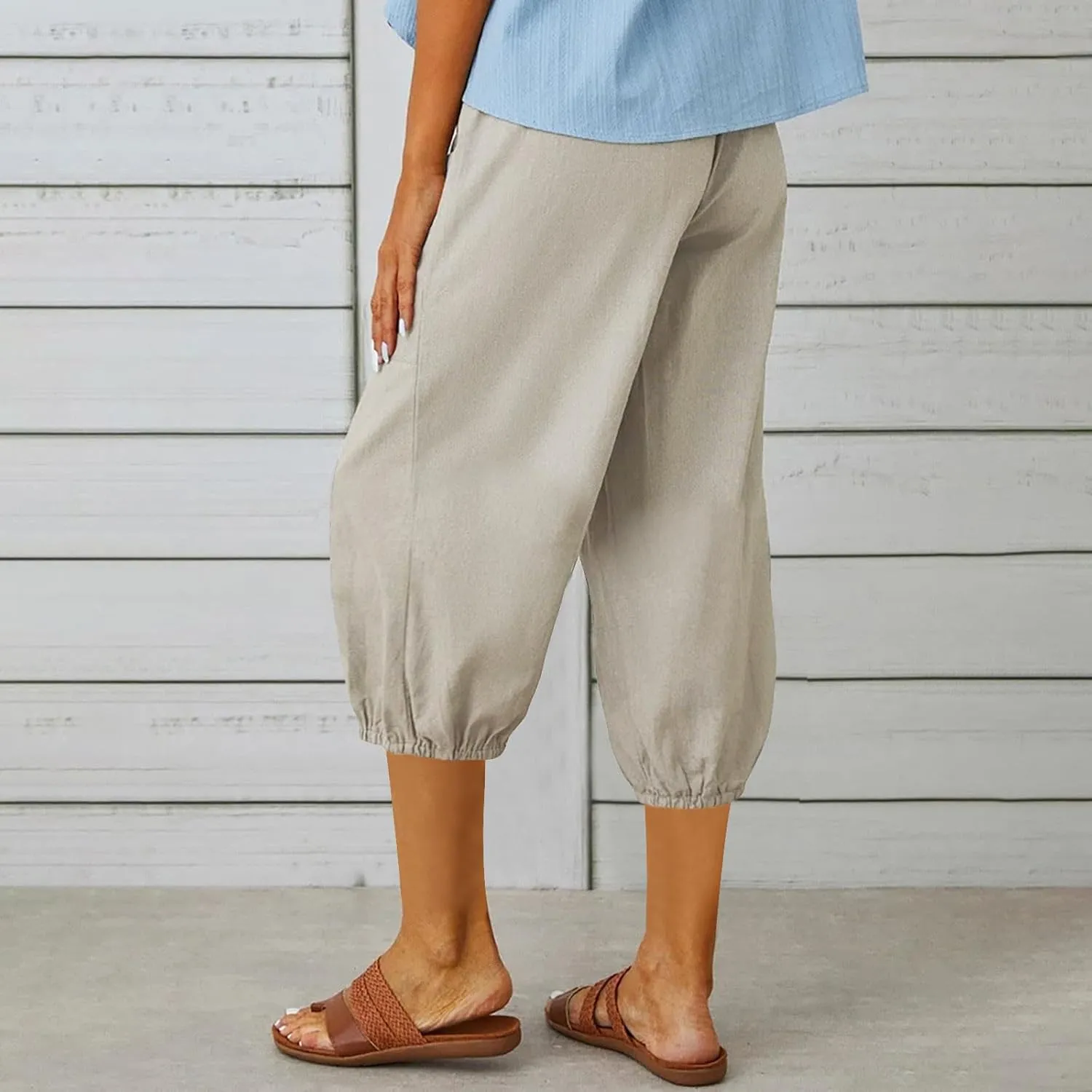 Seven Eighth Pants for Women High Waist Button Detail Wide Leg Trousers Lightweight Linen Blend Casual Office Wear