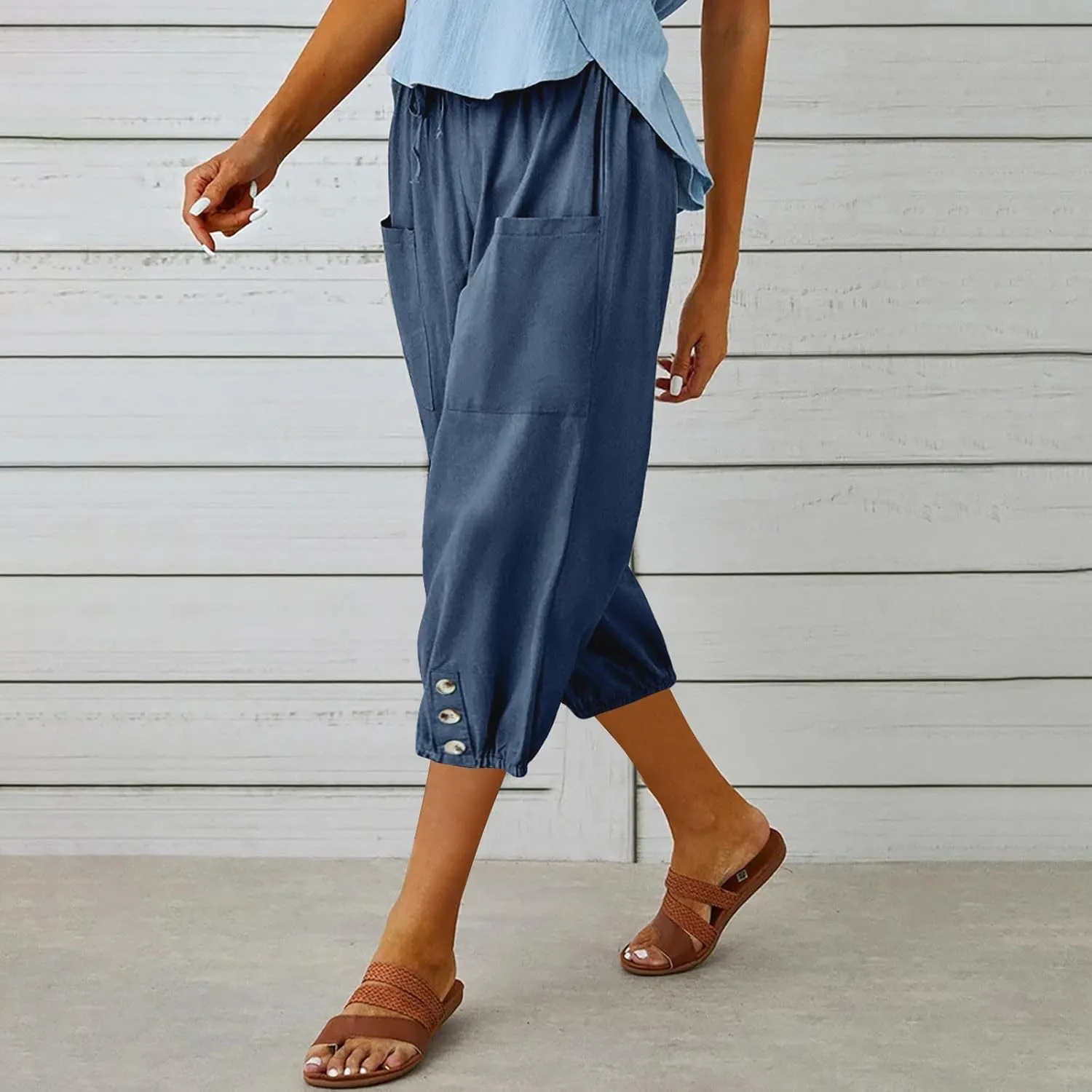 Seven Eighth Pants for Women High Waist Button Detail Wide Leg Trousers Lightweight Linen Blend Casual Office Wear