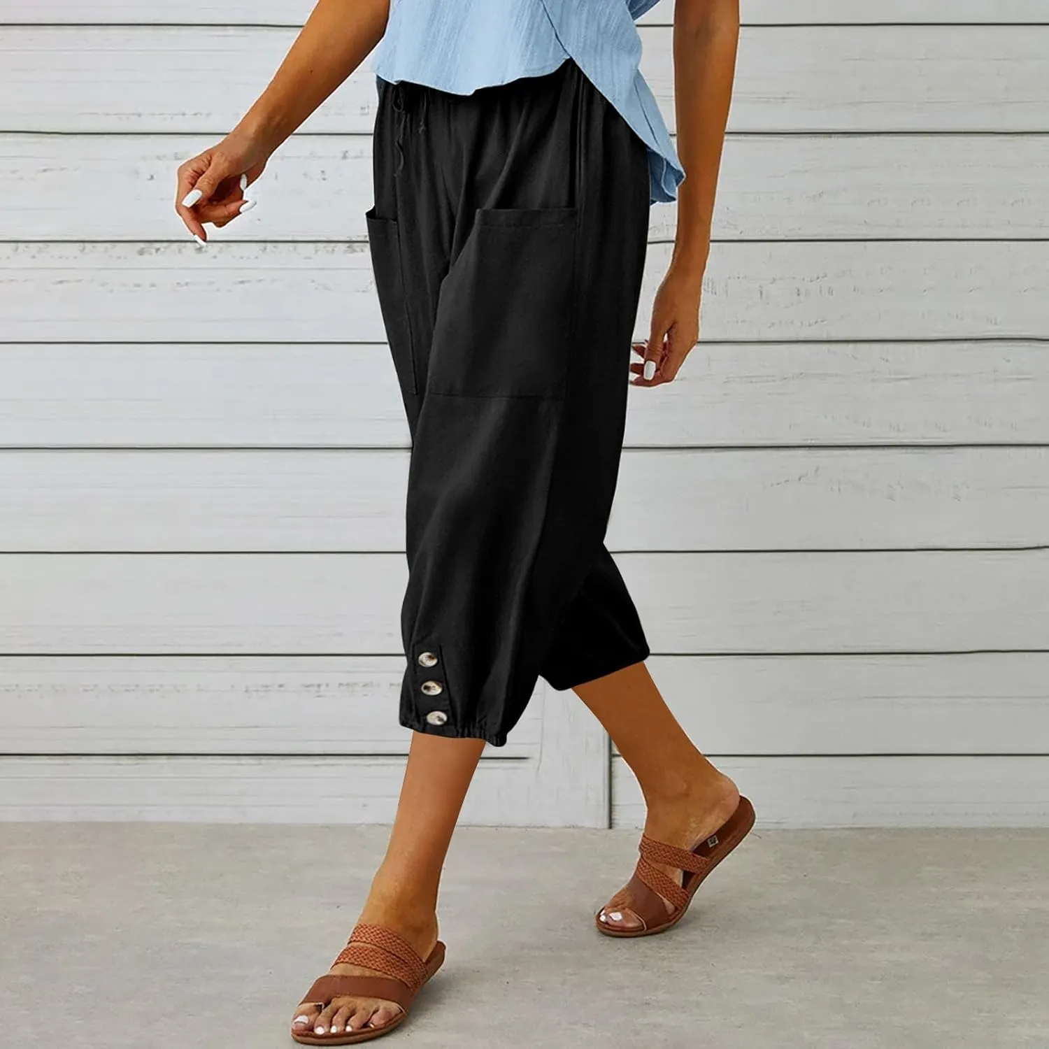 Seven Eighth Pants for Women High Waist Button Detail Wide Leg Trousers Lightweight Linen Blend Casual Office Wear
