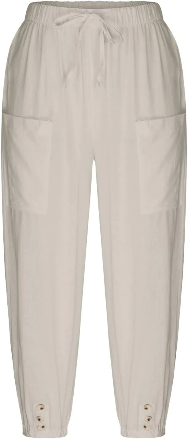 Seven Eighth Pants for Women High Waist Button Detail Wide Leg Trousers Lightweight Linen Blend Casual Office Wear