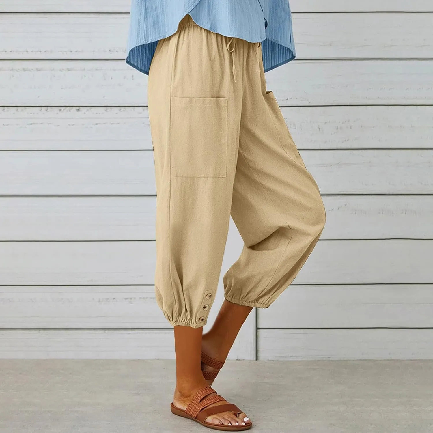 Seven Eighth Pants for Women High Waist Button Detail Wide Leg Trousers Lightweight Linen Blend Casual Office Wear