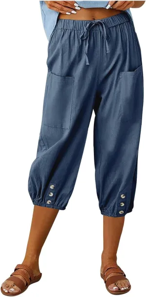 Seven Eighth Pants for Women High Waist Button Detail Wide Leg Trousers Lightweight Linen Blend Casual Office Wear