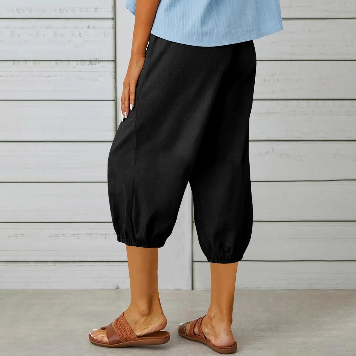 Seven Eighth Pants for Women High Waist Button Detail Wide Leg Trousers Lightweight Linen Blend Casual Office Wear