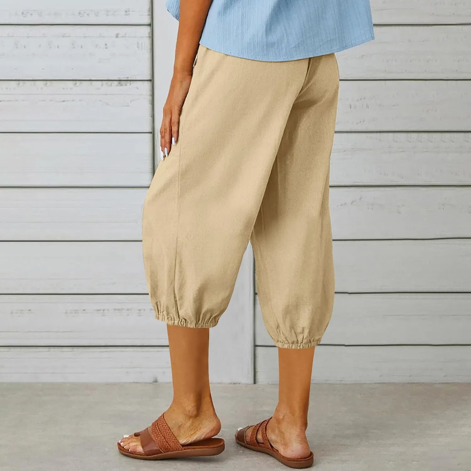 Seven Eighth Pants for Women High Waist Button Detail Wide Leg Trousers Lightweight Linen Blend Casual Office Wear