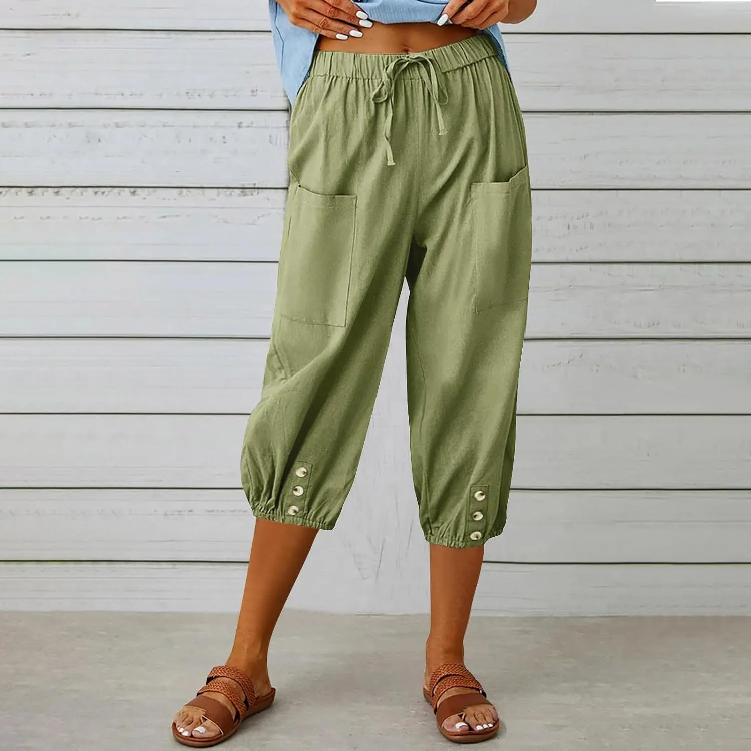 Seven Eighth Pants for Women High Waist Button Detail Wide Leg Trousers Lightweight Linen Blend Casual Office Wear