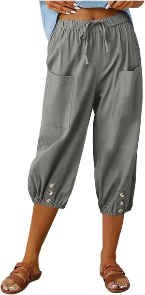 Seven Eighth Pants for Women High Waist Button Detail Wide Leg Trousers Lightweight Linen Blend Casual Office Wear