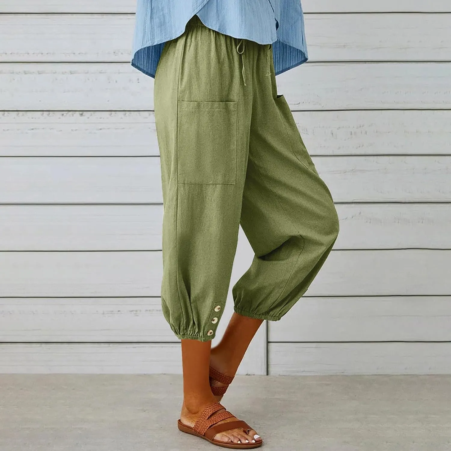 Seven Eighth Pants for Women High Waist Button Detail Wide Leg Trousers Lightweight Linen Blend Casual Office Wear