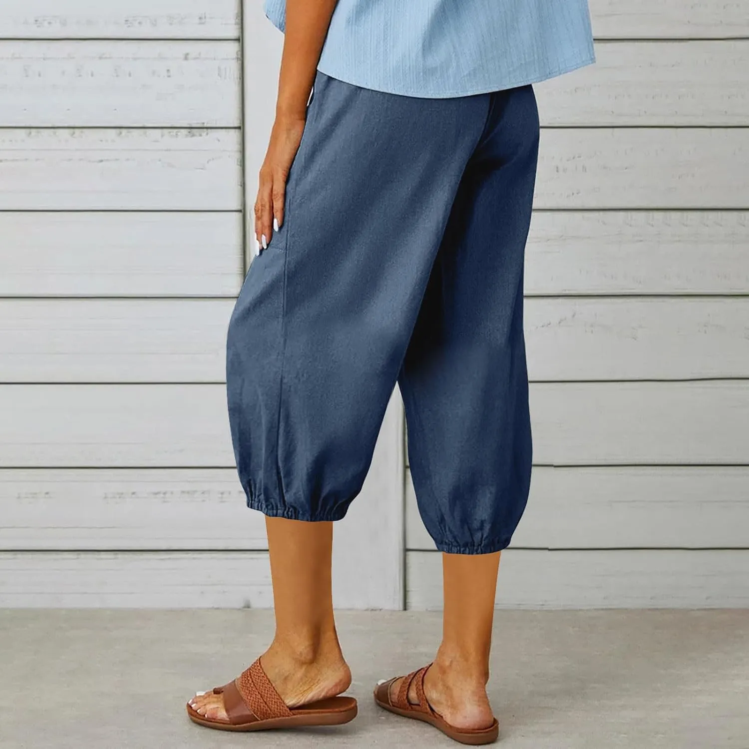 Seven Eighth Pants for Women High Waist Button Detail Wide Leg Trousers Lightweight Linen Blend Casual Office Wear