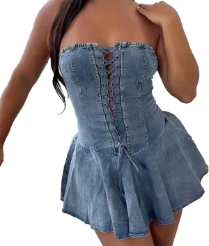 Sexy Tube Denim Dress Corset Strapless Ruffled Hem Jean Mini Dress