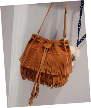 Shoulder Bag Women Bucket Bag for Ladies Crossbody Purse Retro Style Brown Fringe Detailing