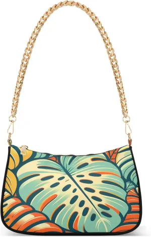 Shoulder Bags for Women Monstera Leaf Pattern Full Color Retro Style Hobo Tote Handbag Small Clutch Purse with Zipper Closure