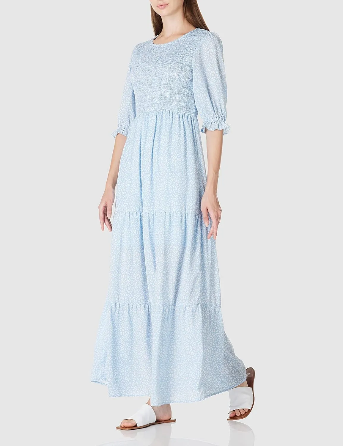 SHUQI Women's Summer Floral Maxi Dress Casual Empire Waist Ruffle Sleeve Long Dresses