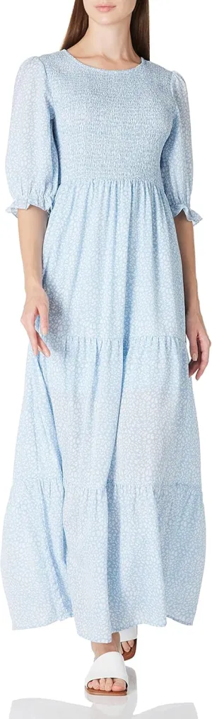 SHUQI Women's Summer Floral Maxi Dress Casual Empire Waist Ruffle Sleeve Long Dresses