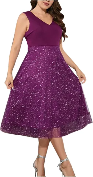 Sinzelimin Cocktail Dress for Women's Polka Dot Sequin Plus Size Sleeveless V-Neck Midi Dress Elegant Knee-High Party Dresses