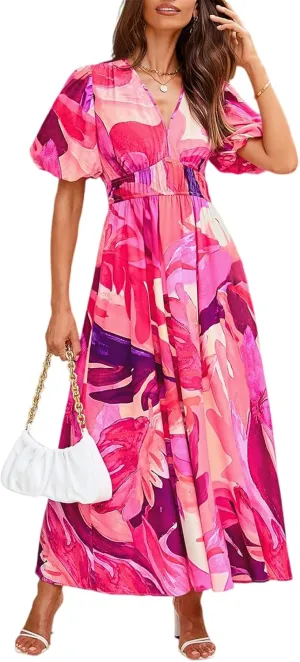 Sissyaki Women's Boho Floral Midi Dress Smocked Beach Flowy Dress