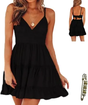 Sleeveless Sexy V Neck Backless Dress Bow Tie Swing Mini Short Flowy Dress Spaghetti Strap Dresses for Women