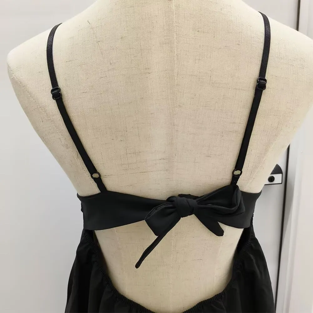 Sleeveless Sexy V Neck Backless Dress Bow Tie Swing Mini Short Flowy Dress Spaghetti Strap Dresses for Women