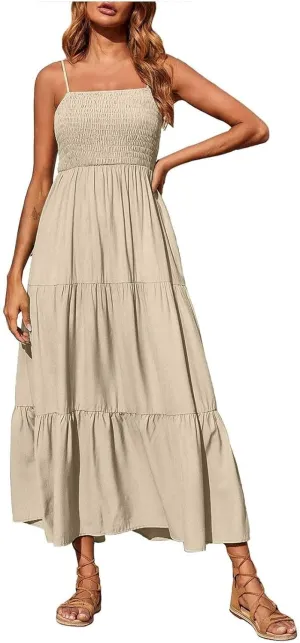Sleeveless Spaghetti Strap Beach Dresses for Women Hawaiian Midi Dress Boho High Waist Smocked Flowy Long Maxi Dress