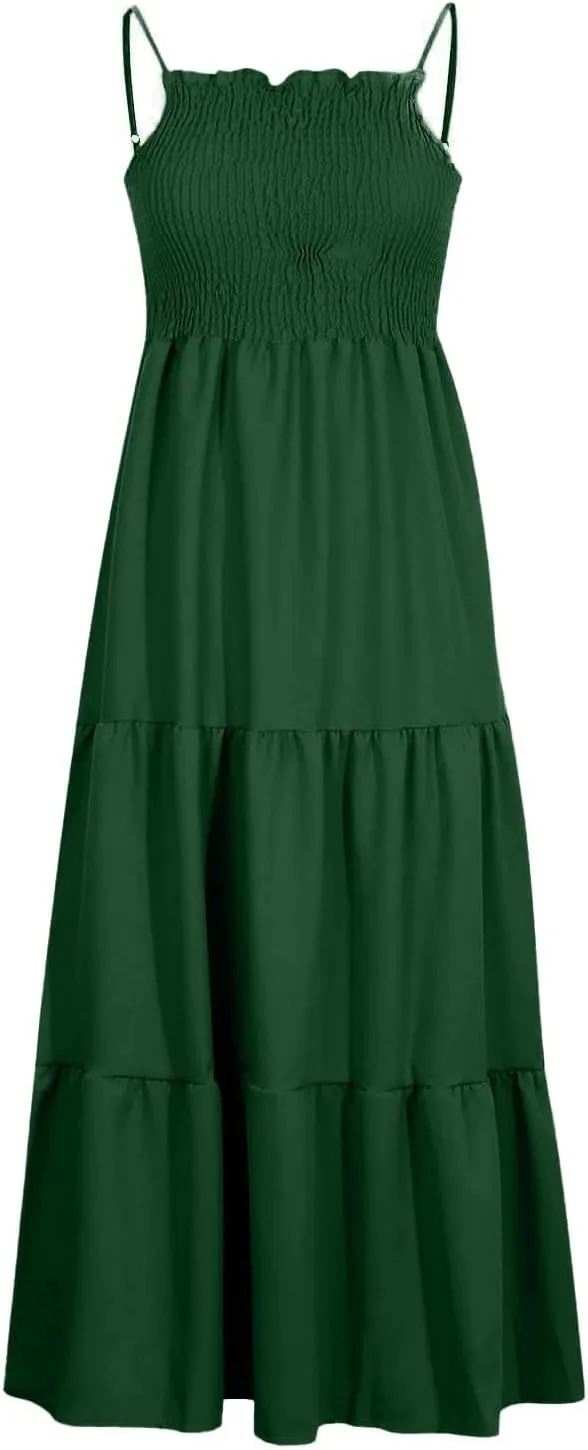 Sleeveless Spaghetti Strap Beach Dresses for Women Hawaiian Midi Dress Boho High Waist Smocked Flowy Long Maxi Dress